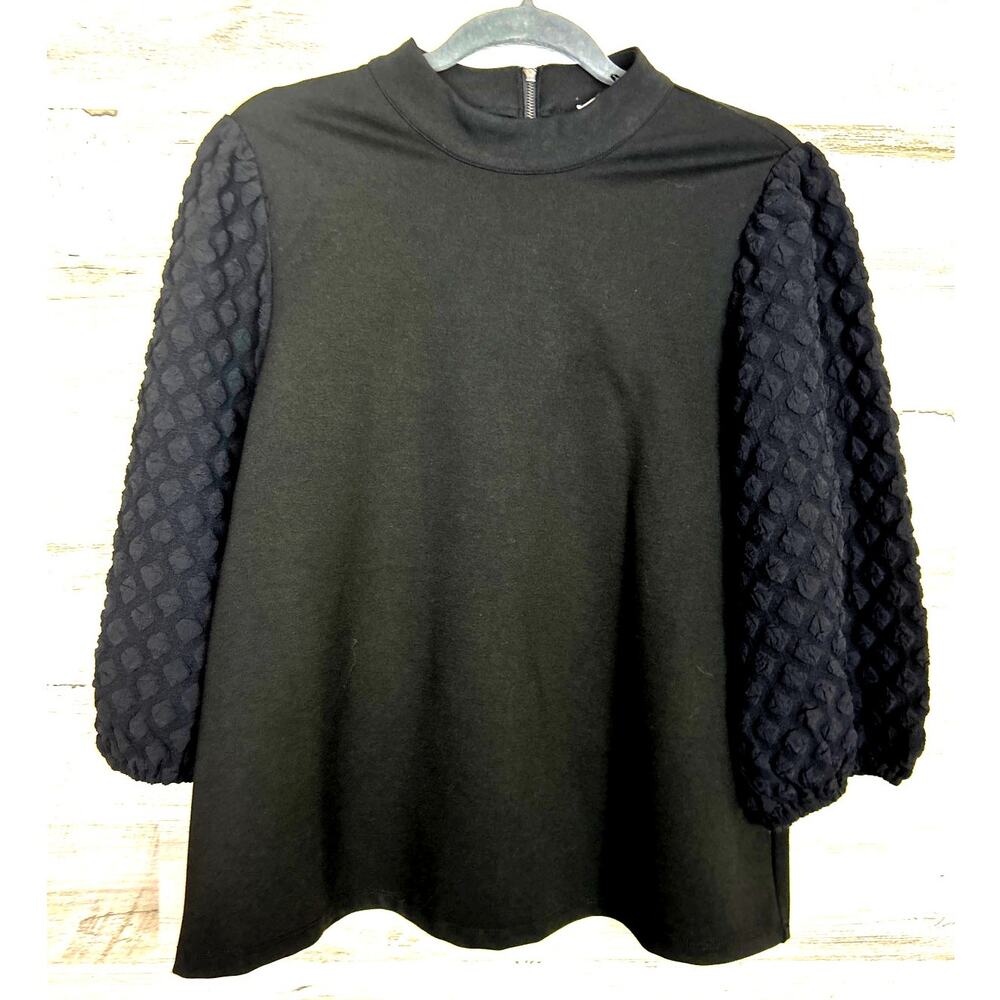 THML Black Textured Balloon Sleeve Boho Top Womens Medium Back Zip